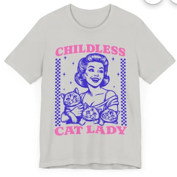 Bella Canvas Cream Childless Cat Lady T-Shirt with Purple and Pink Graphics - Picture 7 of 7